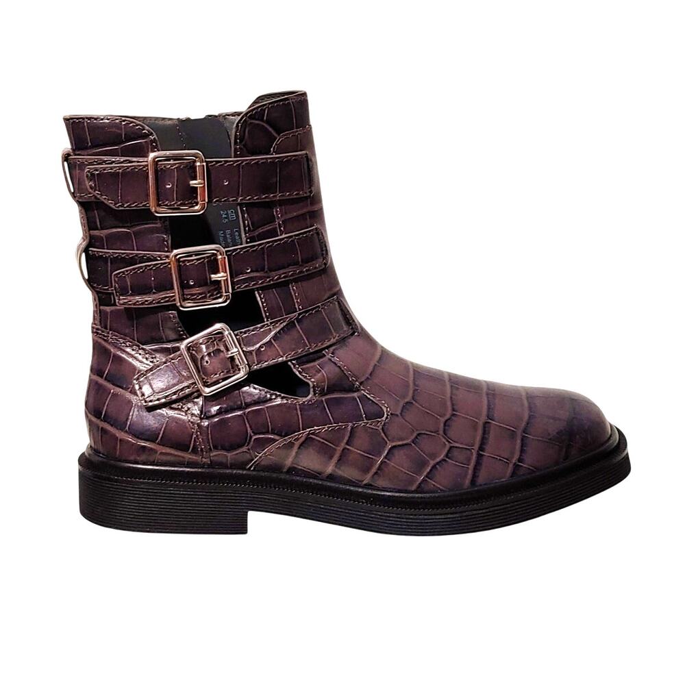 NIB Franco Sarto Argo Boots Buckle Moto Croc Embossed Grey Leather Women 8M Edgy